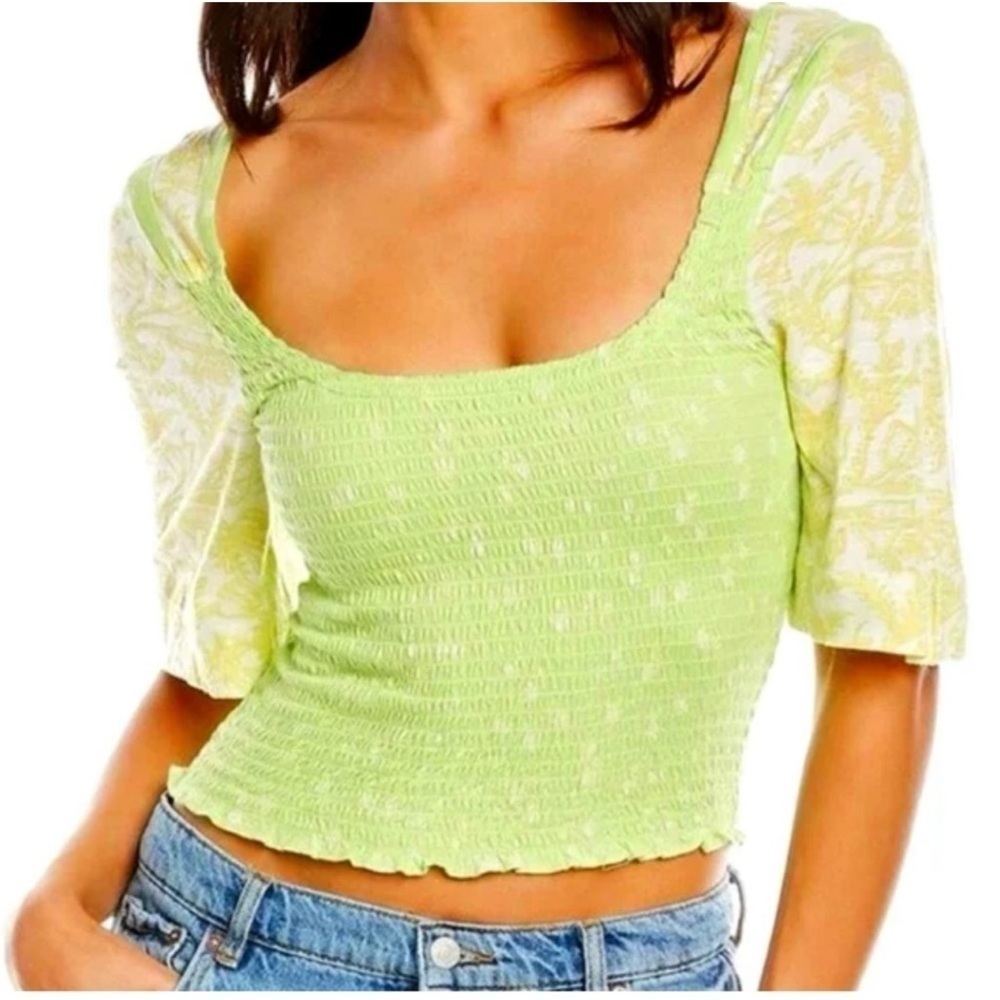 Free People Marigold Top Key Lime Combo Smocked XS Green